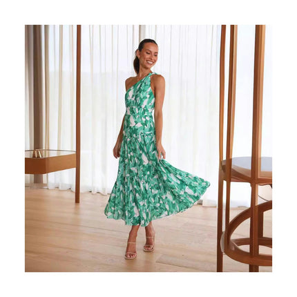 Women's Summer Floral Print One Shoulder Sleeveless Smocked Ruffle Tiered Beach Long Midi Dress