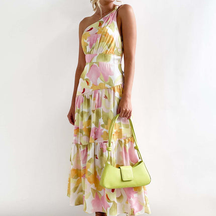 Women's Summer Floral Print One Shoulder Sleeveless Smocked Ruffle Tiered Beach Long Midi Dress