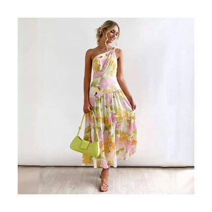 Women's Summer Floral Print One Shoulder Sleeveless Smocked Ruffle Tiered Beach Long Midi Dress