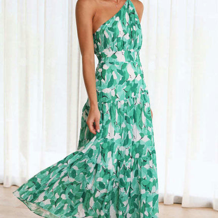 Women's Summer Floral Print One Shoulder Sleeveless Smocked Ruffle Tiered Beach Long Midi Dress