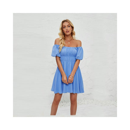 Women's Boho Summer Puff Short Sleeve Off Shoulder Smocked A Line Mini Dress