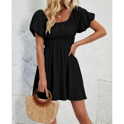 Women's Boho Summer Puff Short Sleeve Off Shoulder Smocked A Line Mini Dress