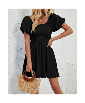 Women's Boho Summer Puff Short Sleeve Off Shoulder Smocked A Line Mini Dress