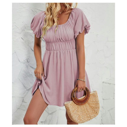 Women's Boho Summer Puff Short Sleeve Off Shoulder Smocked A Line Mini Dress