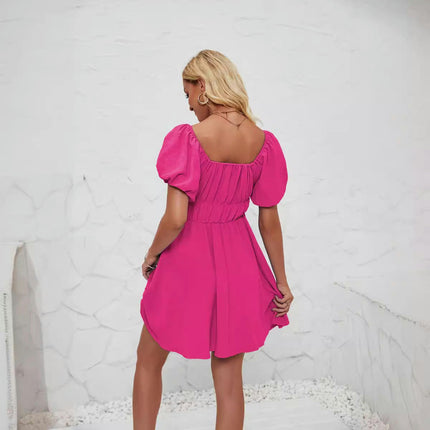 Women's Boho Summer Puff Short Sleeve Off Shoulder Smocked A Line Mini Dress