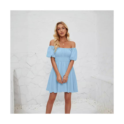 Women's Boho Summer Puff Short Sleeve Off Shoulder Smocked A Line Mini Dress