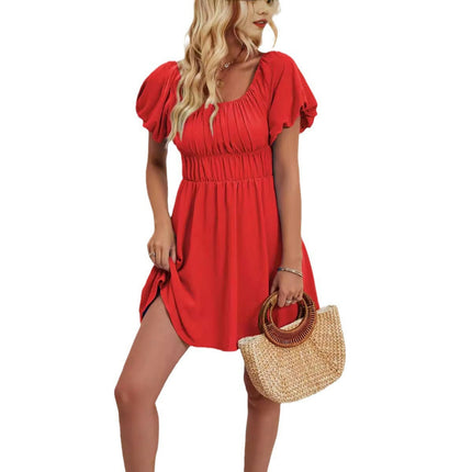 Women's Boho Summer Puff Short Sleeve Off Shoulder Smocked A Line Mini Dress