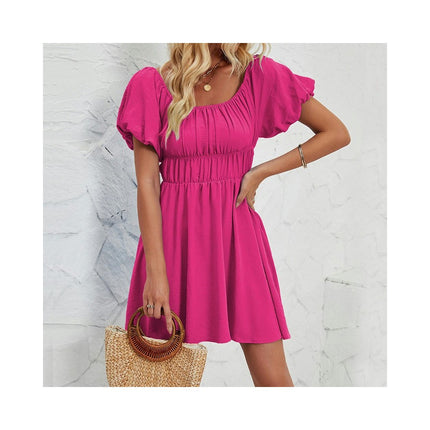 Women's Boho Summer Puff Short Sleeve Off Shoulder Smocked A Line Mini Dress