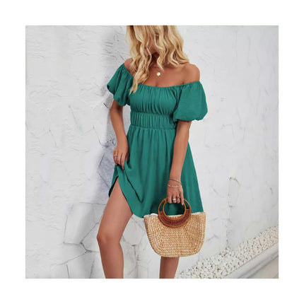 Women's Boho Summer Puff Short Sleeve Off Shoulder Smocked A Line Mini Dress