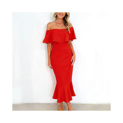 Women's Off The Shoulder Ruffle Trim Cocktail Party Mermaid Bodycon Dress