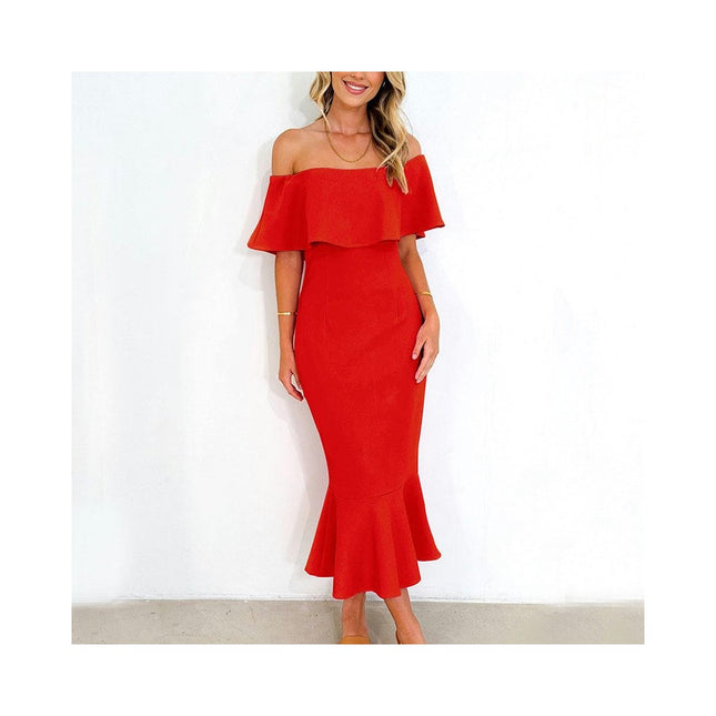 Women's Off The Shoulder Ruffle Trim Cocktail Party Mermaid Bodycon Dress