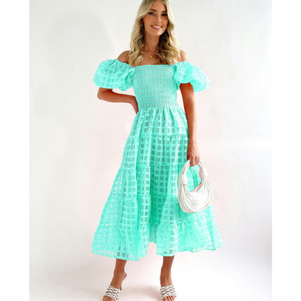 Women's Boho Off Shoulder Puff Short Sleeve Smocked Ruffled Flowy A Line Beach Long Dress