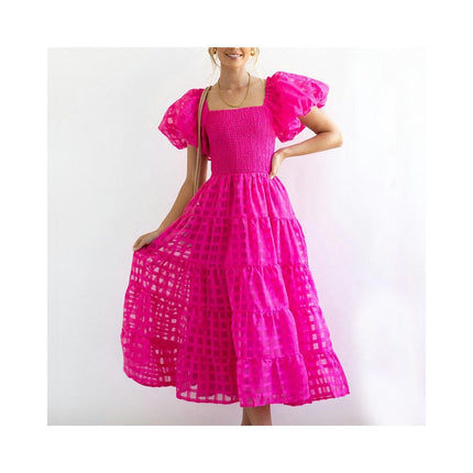 Women's Boho Off Shoulder Puff Short Sleeve Smocked Ruffled Flowy A Line Beach Long Dress