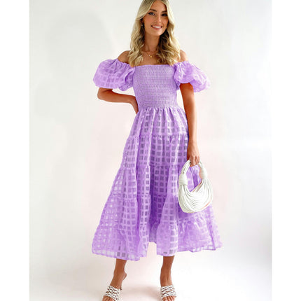 Women's Boho Off Shoulder Puff Short Sleeve Smocked Ruffled Flowy A Line Beach Long Dress