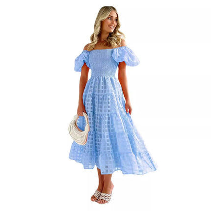 Women's Boho Off Shoulder Puff Short Sleeve Smocked Ruffled Flowy A Line Beach Long Dress