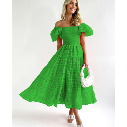 Women's Boho Off Shoulder Puff Short Sleeve Smocked Ruffled Flowy A Line Beach Long Dress