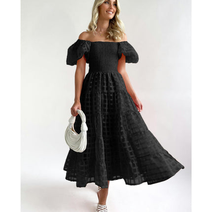 Women's Boho Off Shoulder Puff Short Sleeve Smocked Ruffled Flowy A Line Beach Long Dress