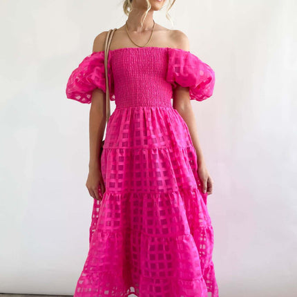 Women's Boho Off Shoulder Puff Short Sleeve Smocked Ruffled Flowy A Line Beach Long Dress