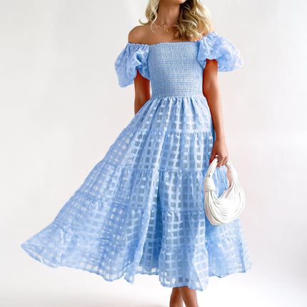 Women's Boho Off Shoulder Puff Short Sleeve Smocked Ruffled Flowy A Line Beach Long Dress