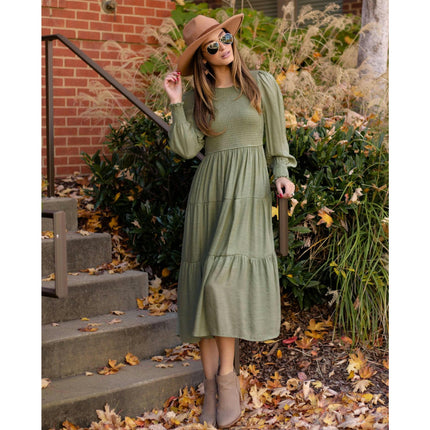 Women's Puff Long Sleeve Smocked A-Line Flowy Tiered Ruffled Midi Dress