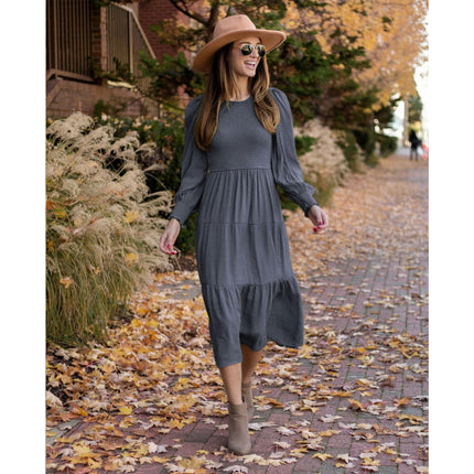 Women's Puff Long Sleeve Smocked A-Line Flowy Tiered Ruffled Midi Dress