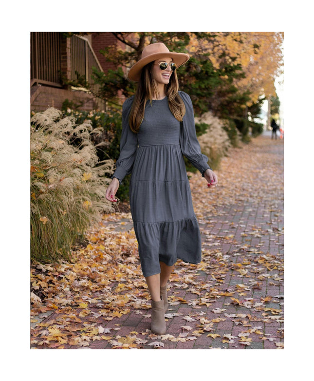 Women's Puff Long Sleeve Smocked A-Line Flowy Tiered Ruffled Midi Dress