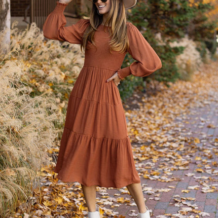 Women's Puff Long Sleeve Smocked A-Line Flowy Tiered Ruffled Midi Dress