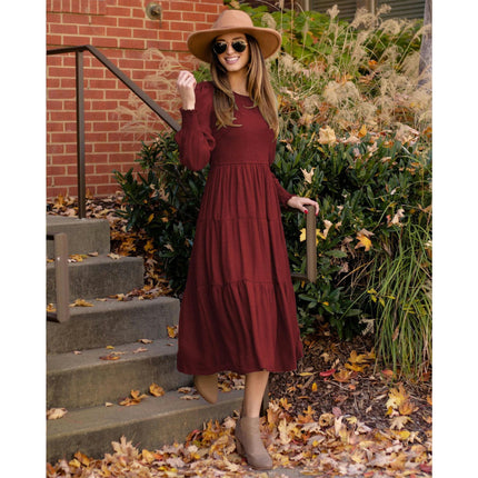 Women's Puff Long Sleeve Smocked A-Line Flowy Tiered Ruffled Midi Dress