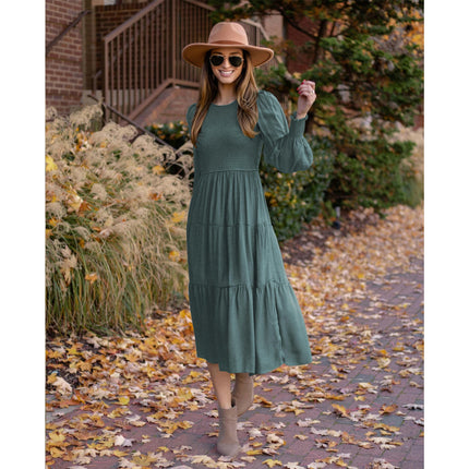 Women's Puff Long Sleeve Smocked A-Line Flowy Tiered Ruffled Midi Dress