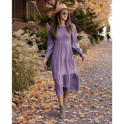 Women's Puff Long Sleeve Smocked A-Line Flowy Tiered Ruffled Midi Dress