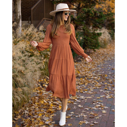 Women's Puff Long Sleeve Smocked A-Line Flowy Tiered Ruffled Midi Dress