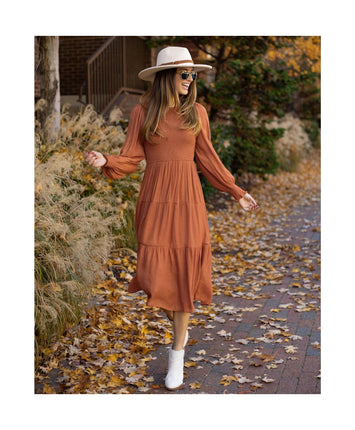 Women's Puff Long Sleeve Smocked A-Line Flowy Tiered Ruffled Midi Dress