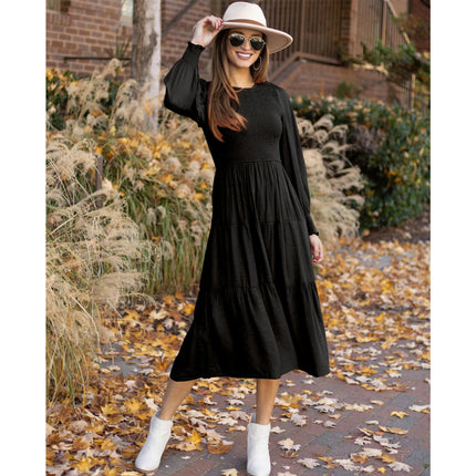 Women's Puff Long Sleeve Smocked A-Line Flowy Tiered Ruffled Midi Dress