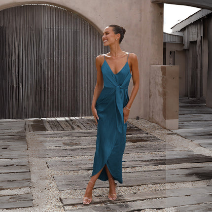 Women's V Neck Ruched Wrap Slit Sleeveless Spaghetti Strap Maxi Bodycon Dress