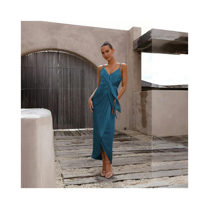 Women's V Neck Ruched Wrap Slit Sleeveless Spaghetti Strap Maxi Bodycon Dress