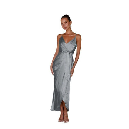 Women's V Neck Ruched Wrap Slit Sleeveless Spaghetti Strap Maxi Bodycon Dress