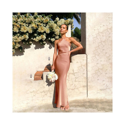 Women Sexy Satin Halter Neck Backless Maxi Dress Formal Wedding Guest Dress