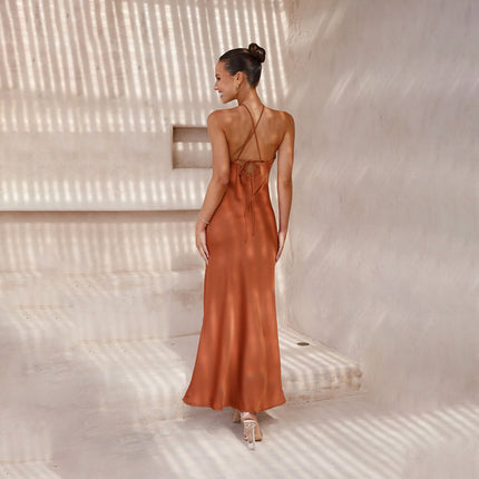 Women Sexy Satin Halter Neck Backless Maxi Dress Formal Wedding Guest Dress