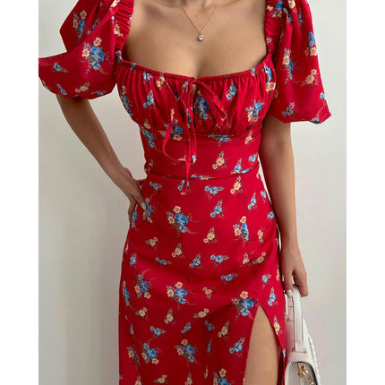 Women's Puff Short Sleeve Floral Midi Dress Square Neck Boho Split Long Dresses