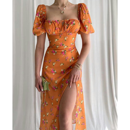 Women's Puff Short Sleeve Floral Midi Dress Square Neck Boho Split Long Dresses