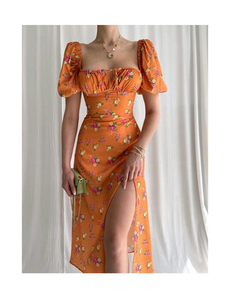 Women's Puff Short Sleeve Floral Midi Dress Square Neck Boho Split Long Dresses