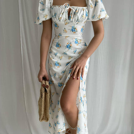 Women's Puff Short Sleeve Floral Midi Dress Square Neck Boho Split Long Dresses