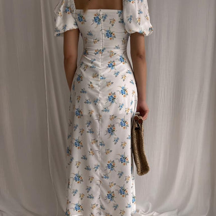 Women's Puff Short Sleeve Floral Midi Dress Square Neck Boho Split Long Dresses