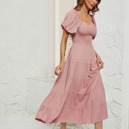 Women's Off Shoulder Wrap Puff Short Sleeve Smocked Ruffle Maxi Dress