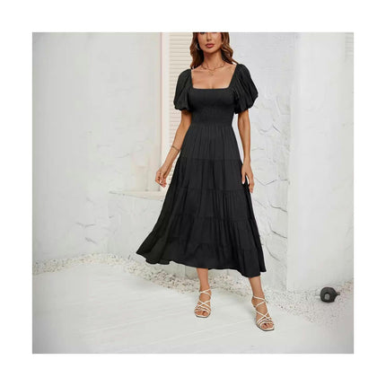 Women's Off Shoulder Wrap Puff Short Sleeve Smocked Ruffle Maxi Dress