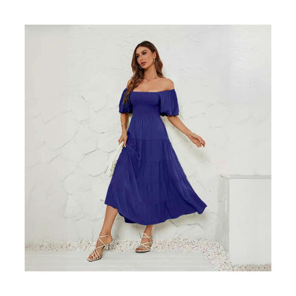 Women's Off Shoulder Wrap Puff Short Sleeve Smocked Ruffle Maxi Dress