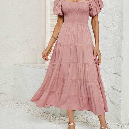 Women's Off Shoulder Wrap Puff Short Sleeve Smocked Ruffle Maxi Dress