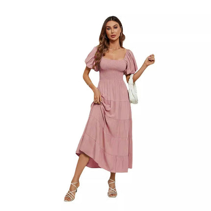 Women's Off Shoulder Wrap Puff Short Sleeve Smocked Ruffle Maxi Dress