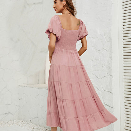 Women's Off Shoulder Wrap Puff Short Sleeve Smocked Ruffle Maxi Dress