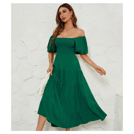 Women's Off Shoulder Wrap Puff Short Sleeve Smocked Ruffle Maxi Dress